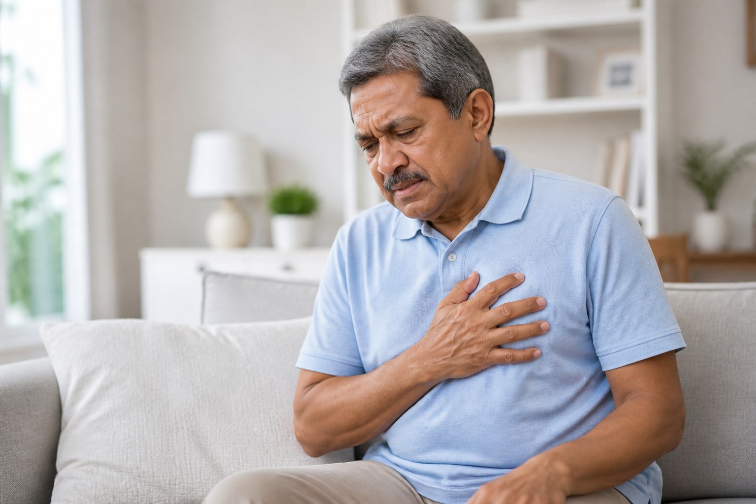 Mature man experiencing heart-related chest pain
