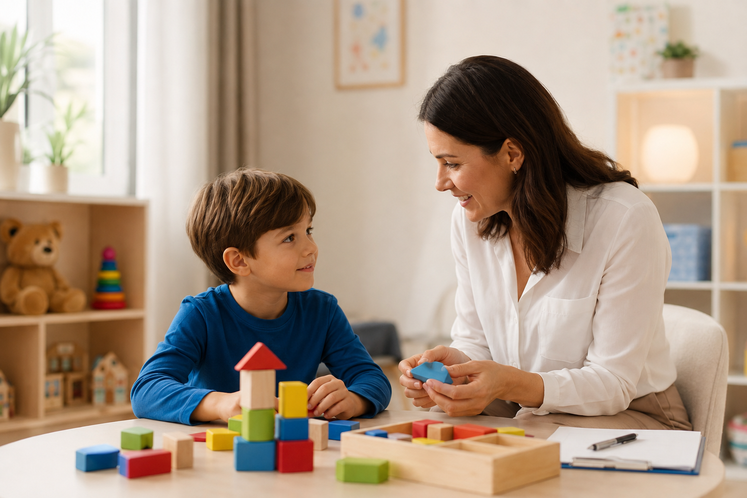 Child psychologist supporting a young child through play