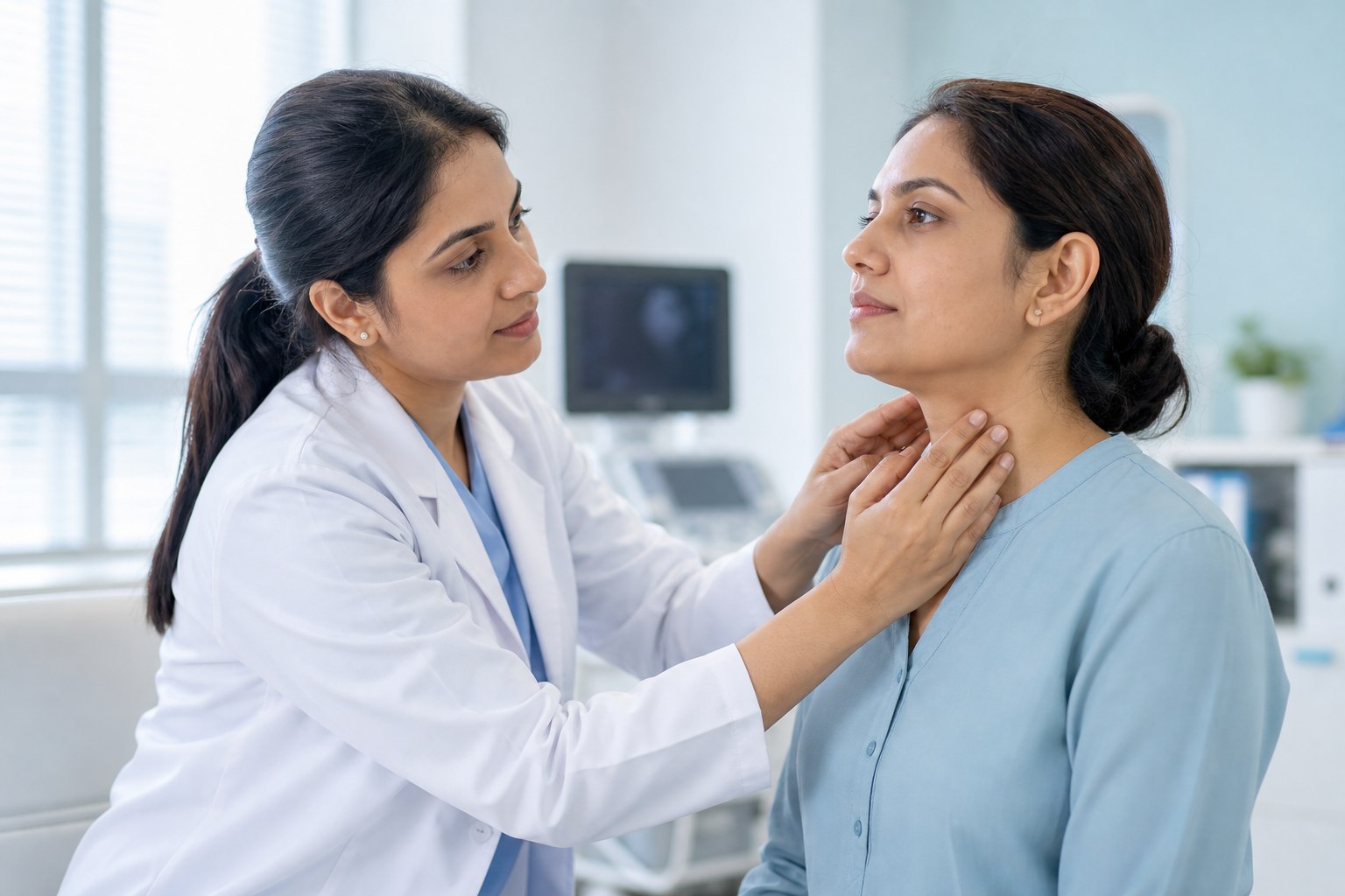 Doctor examining an adult patient's thyroid gland