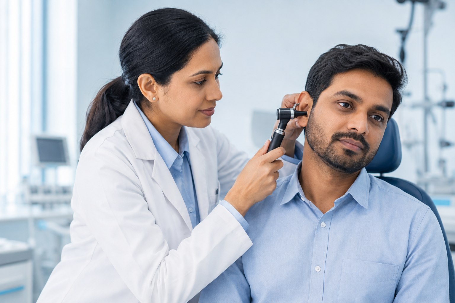 ENT doctor examining an adult patient's ear with an otoscope