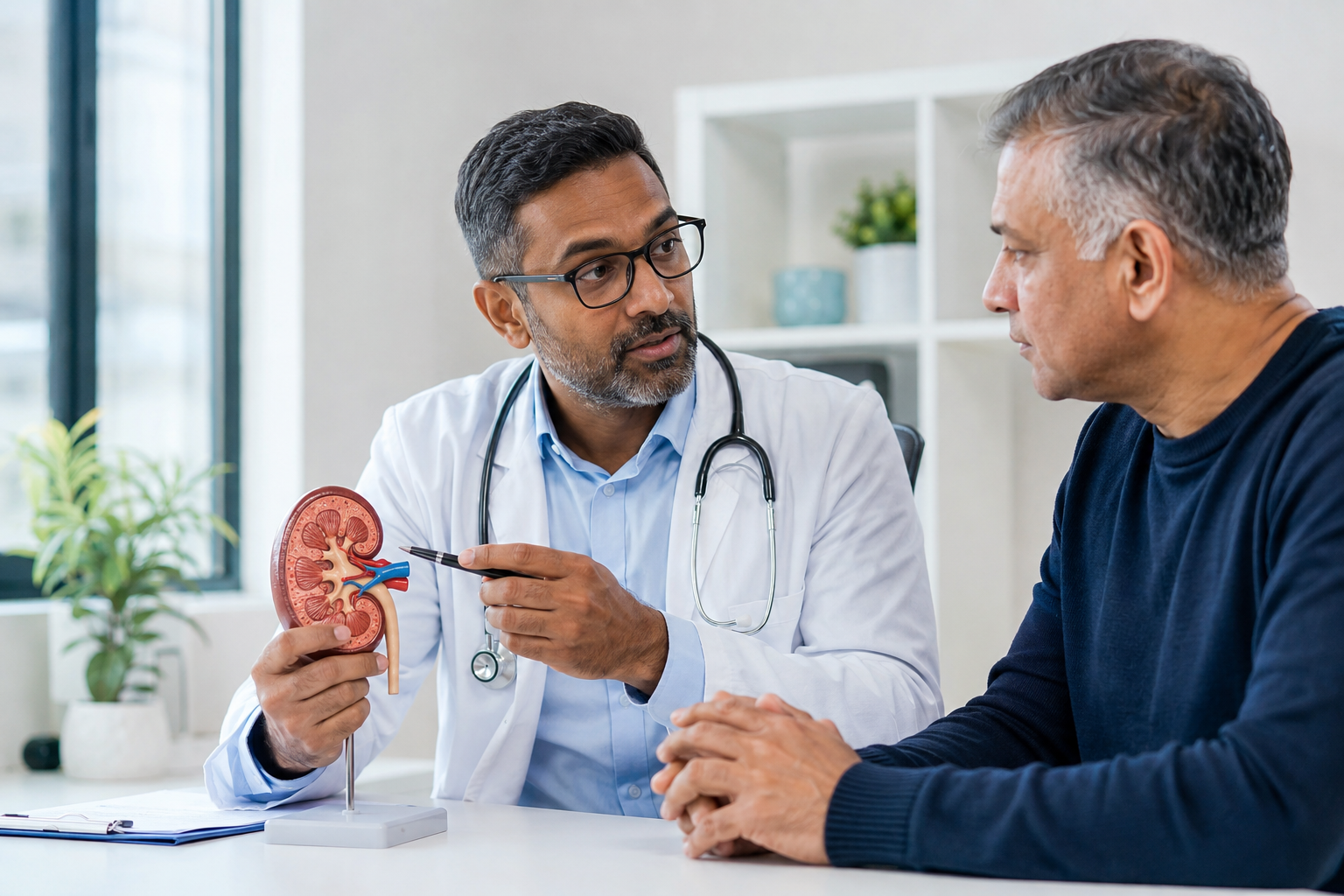 Nephrologist explaining kidney health to an adult patient