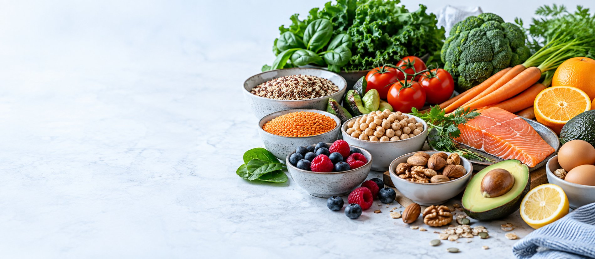 Variety of foods representing a balanced and nutritious diet