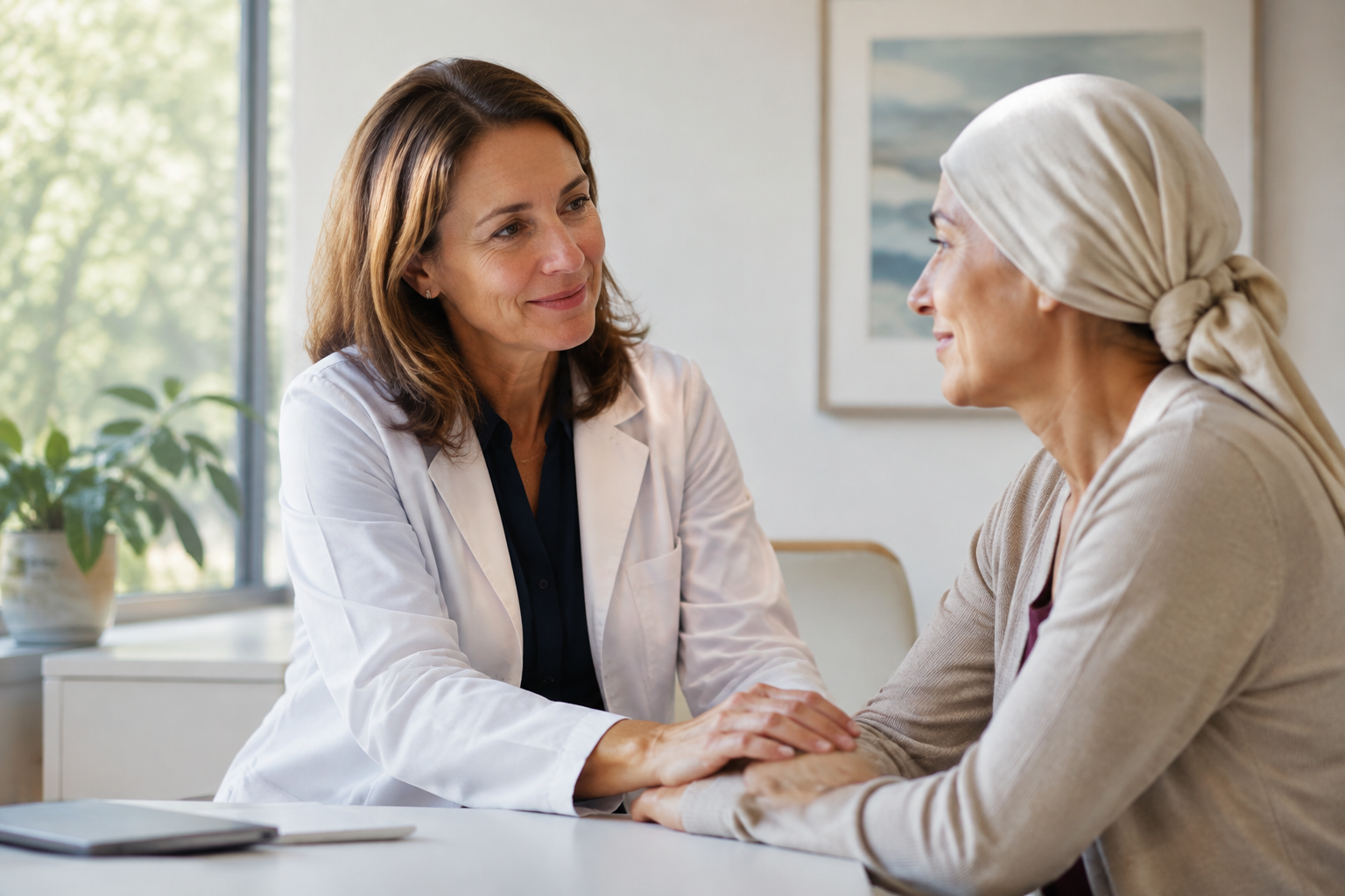 Oncologist offering compassionate supportive care to an adult patient