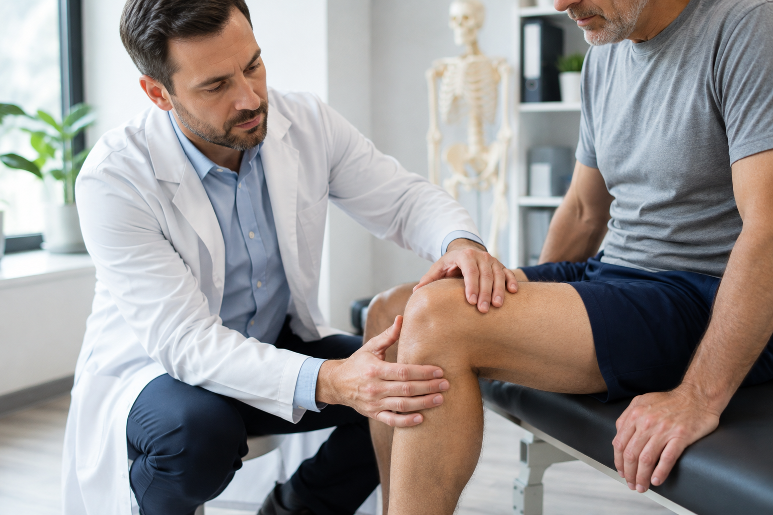 Orthopedic doctor examining an adult patient's knee