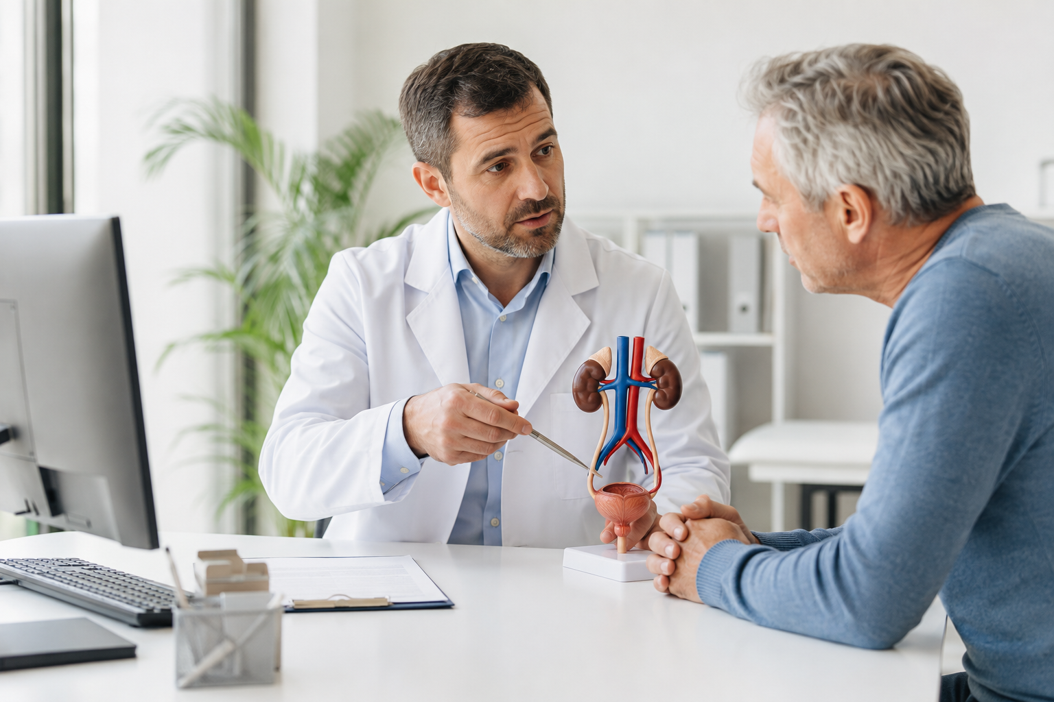 Urologist explaining urinary health to an adult male patient
